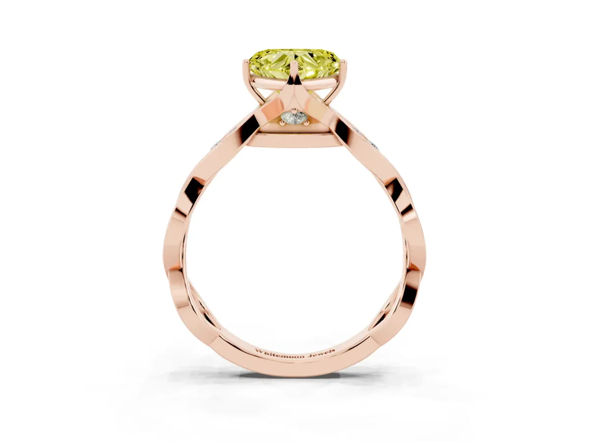Fancy Yellow Heart Cut Solitaire Twist Band with Leaf Prong Setting Rose gold