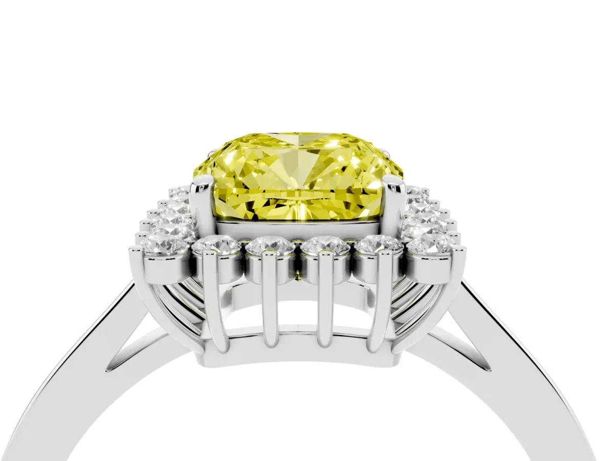 Fancy Yellow Cushion Cut Cut Diamond Halo Ring with Round Brilliant Halo and Solitaire Band Silver