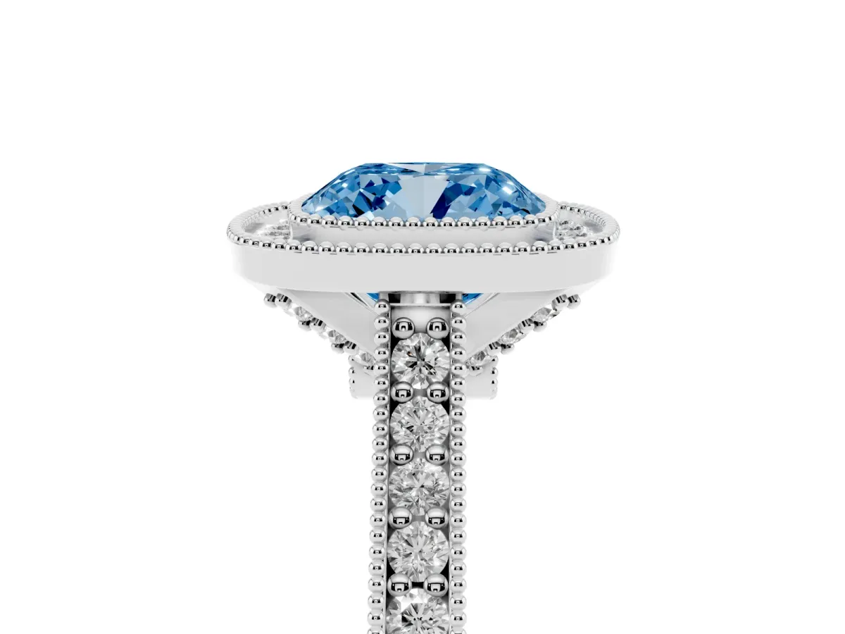 Fancy Blue Halo Cushion Cut-Cut Diamond Pave Band Milgrain Prong Setting Ring Silver