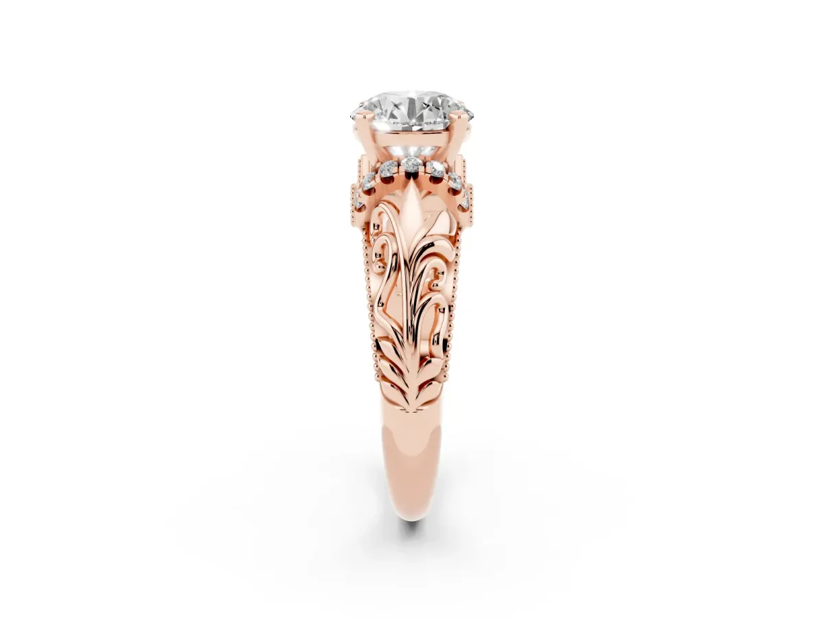 Round Cut Solitaire Filigree Engagement Ring with Halo and Prong Setting Rose gold