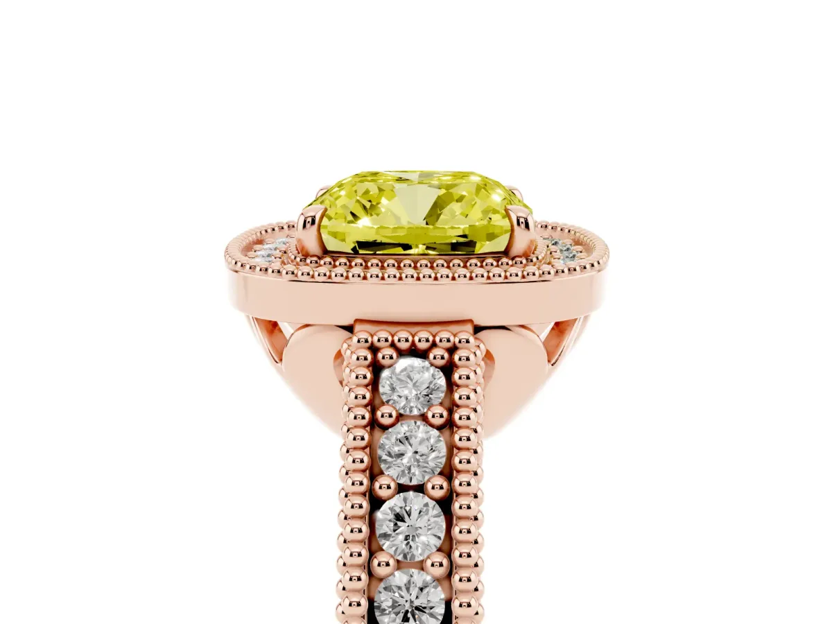 Fancy Yellow Cushion Cut Cut Halo Diamond Ring with Pavé Band and Four-Prong Setting Rose gold
