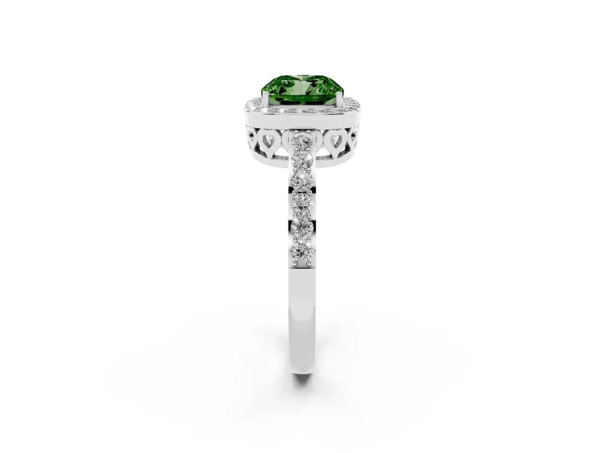 Fancy Green Cushion Cut Halo Diamond Pavé Band Ring with Prong Setting Silver