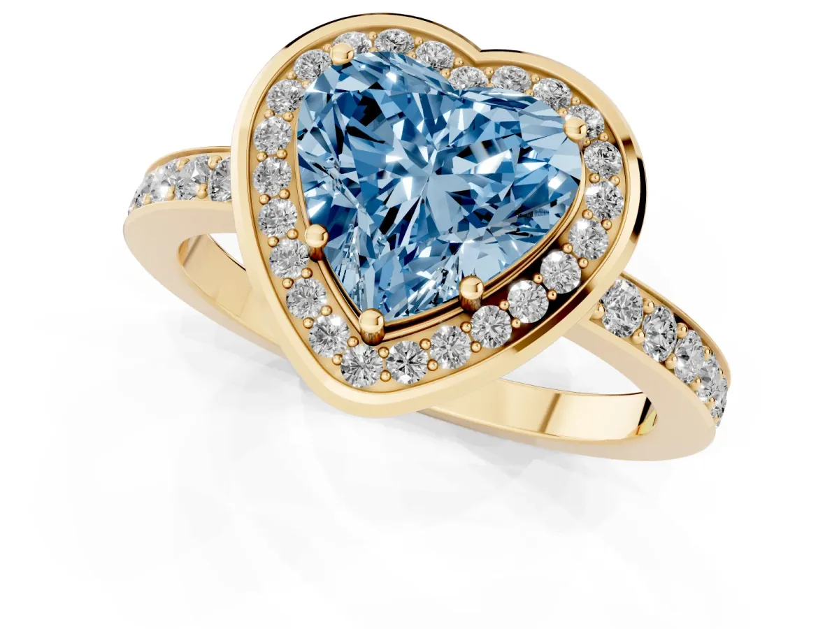 Fancy Blue Heart Cut Diamond Halo Ring with Bezel Frame and Pavé Band Yellow gold