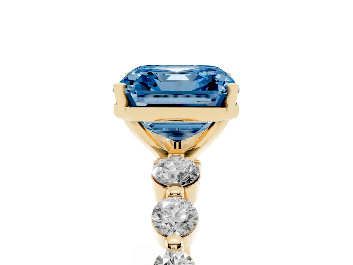 Fancy Blue Asscher Cut Solitaire Diamond Ring with Pave Band and Four-Prong Setting Yellow gold