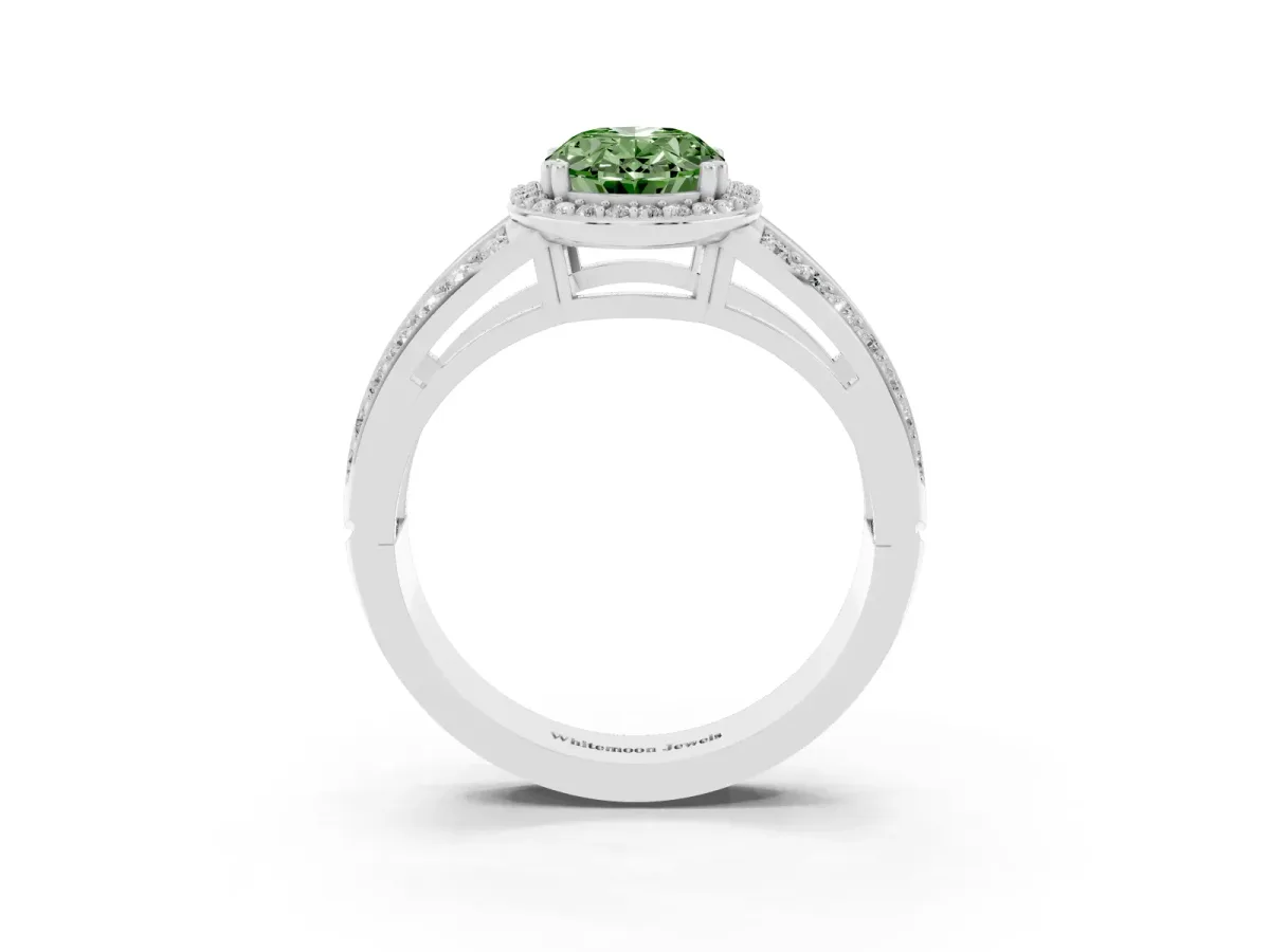 Fancy Green Oval Cut Diamond Halo Ring with Split Shank Pavé Band and Four-Prong Setting Platinum