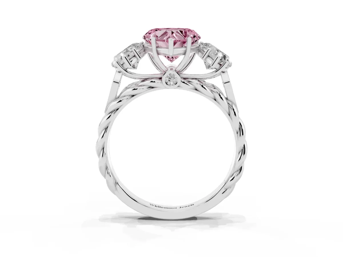 Fancy Pink Three-Stone Heart Cut Diamond Braided Band Ring with Four-Prong Setting Platinum