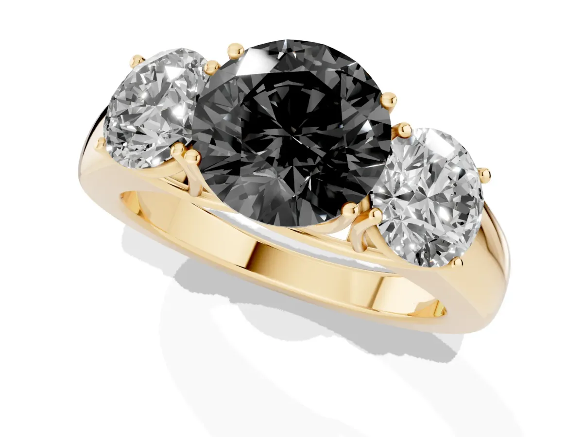 Fancy Black Three-Stone Round Cut Cut Diamond Ring with Prong Setting and Classic Band Yellow gold