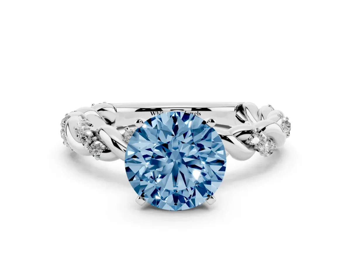 Fancy Blue Round Cut Diamond Solitaire Ring with Twisted Band and Pavé Accents Silver