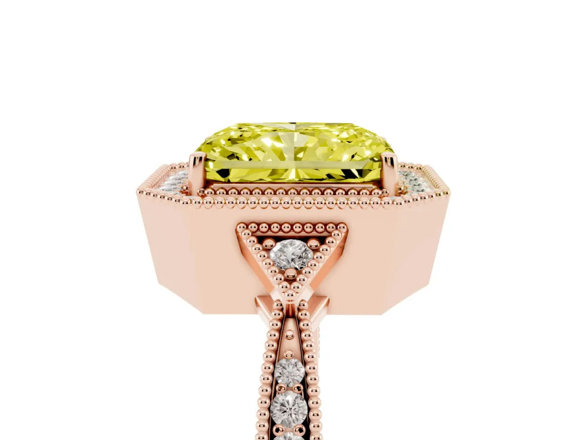 Fancy Yellow Radiant Cut Halo Round Diamond Milgrain Pave Engagement Ring Rose gold