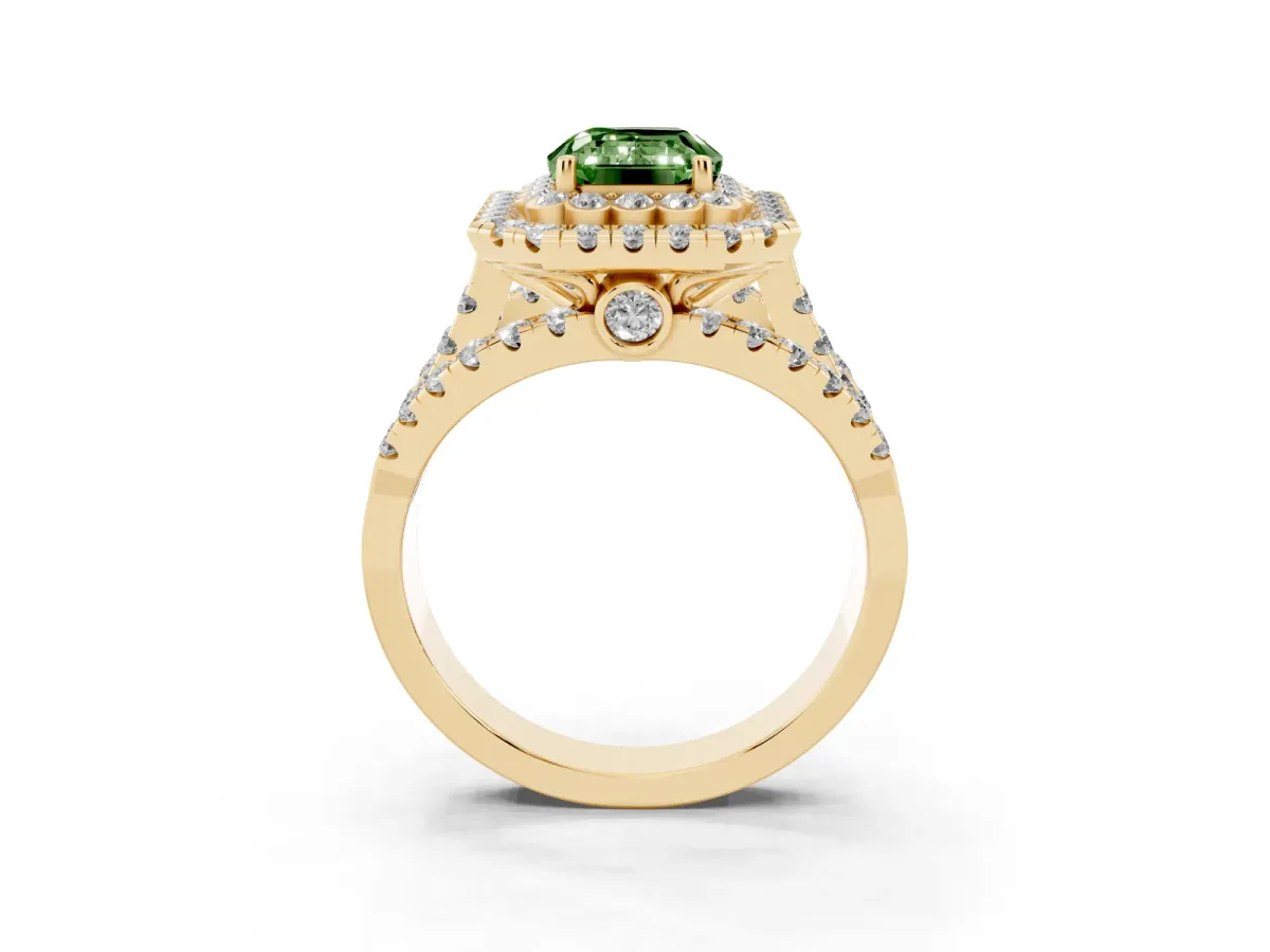 Fancy Green Emerald Cut Diamond Double Halo Ring with Round Pavé Split Shank and Prong Setting Yellow gold