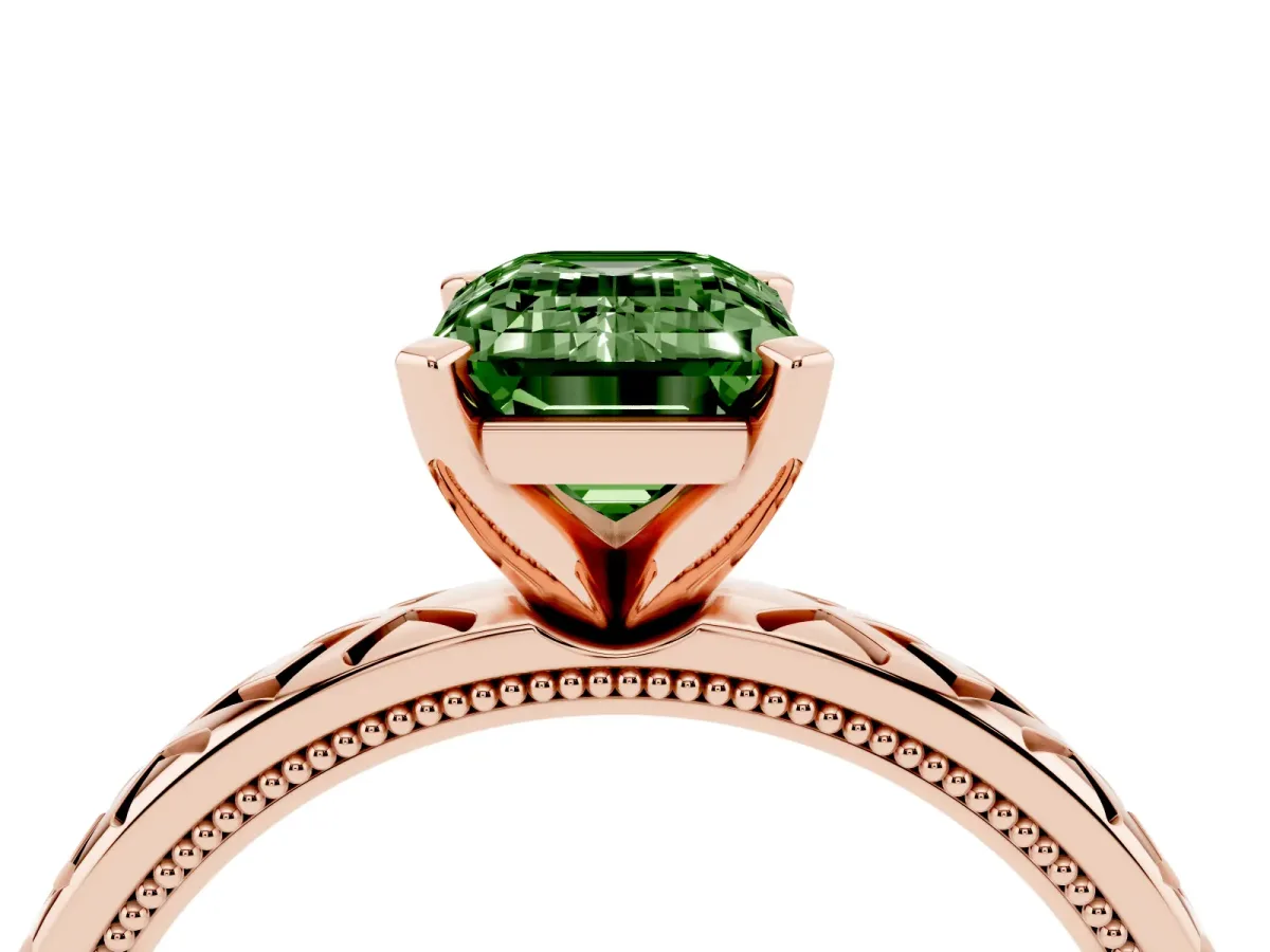 Fancy Green Emerald Cut Solitaire Diamond Ring with Milgrain and Black Enamel X Pattern Band Rose gold
