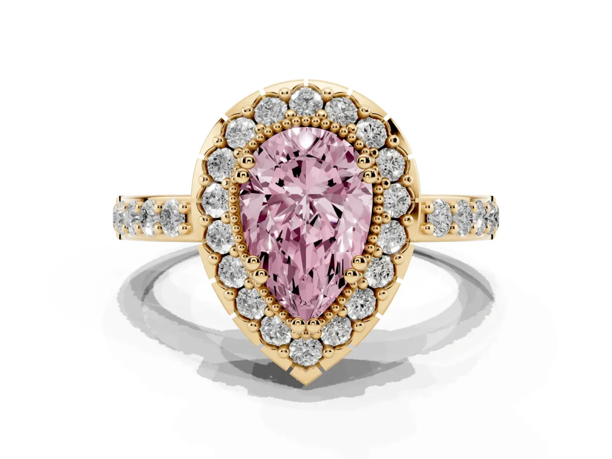 Fancy Pink Pear Cut Diamond Halo Ring with Pavé Band and Prong Setting Yellow gold