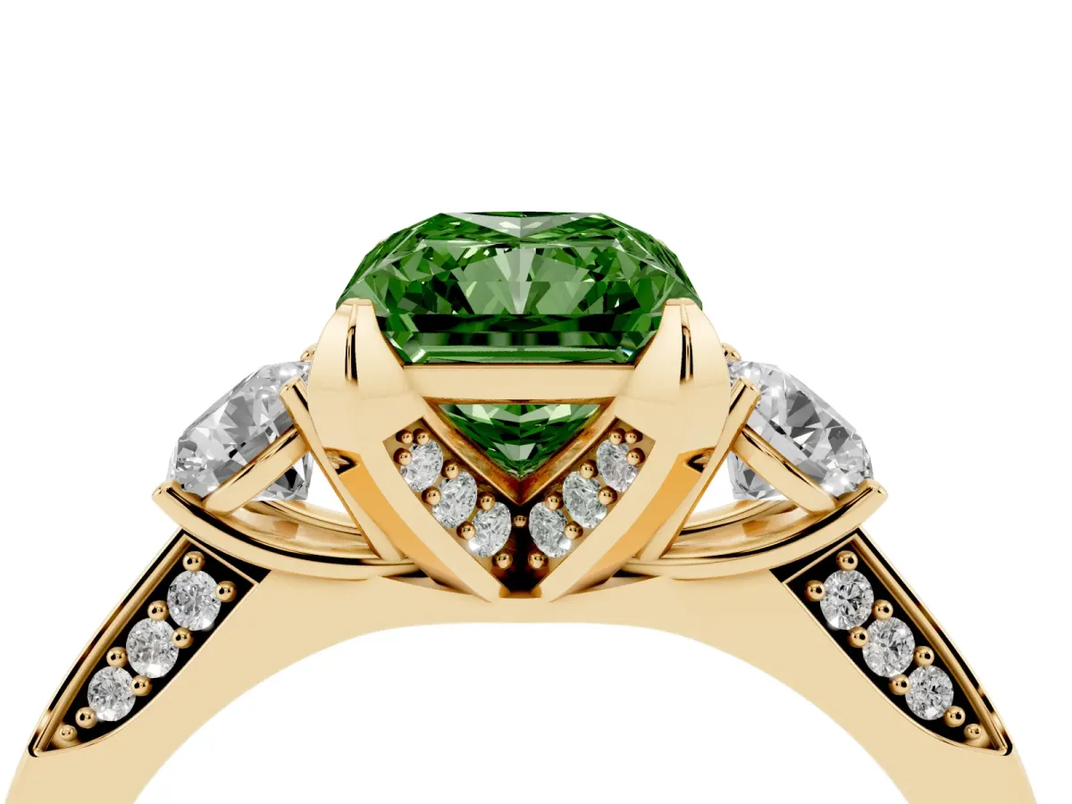 Fancy Green Radiant Cut Brilliant Three-Stone Diamond Ring with Pavé Band and Four-Prong Setting Yellow gold