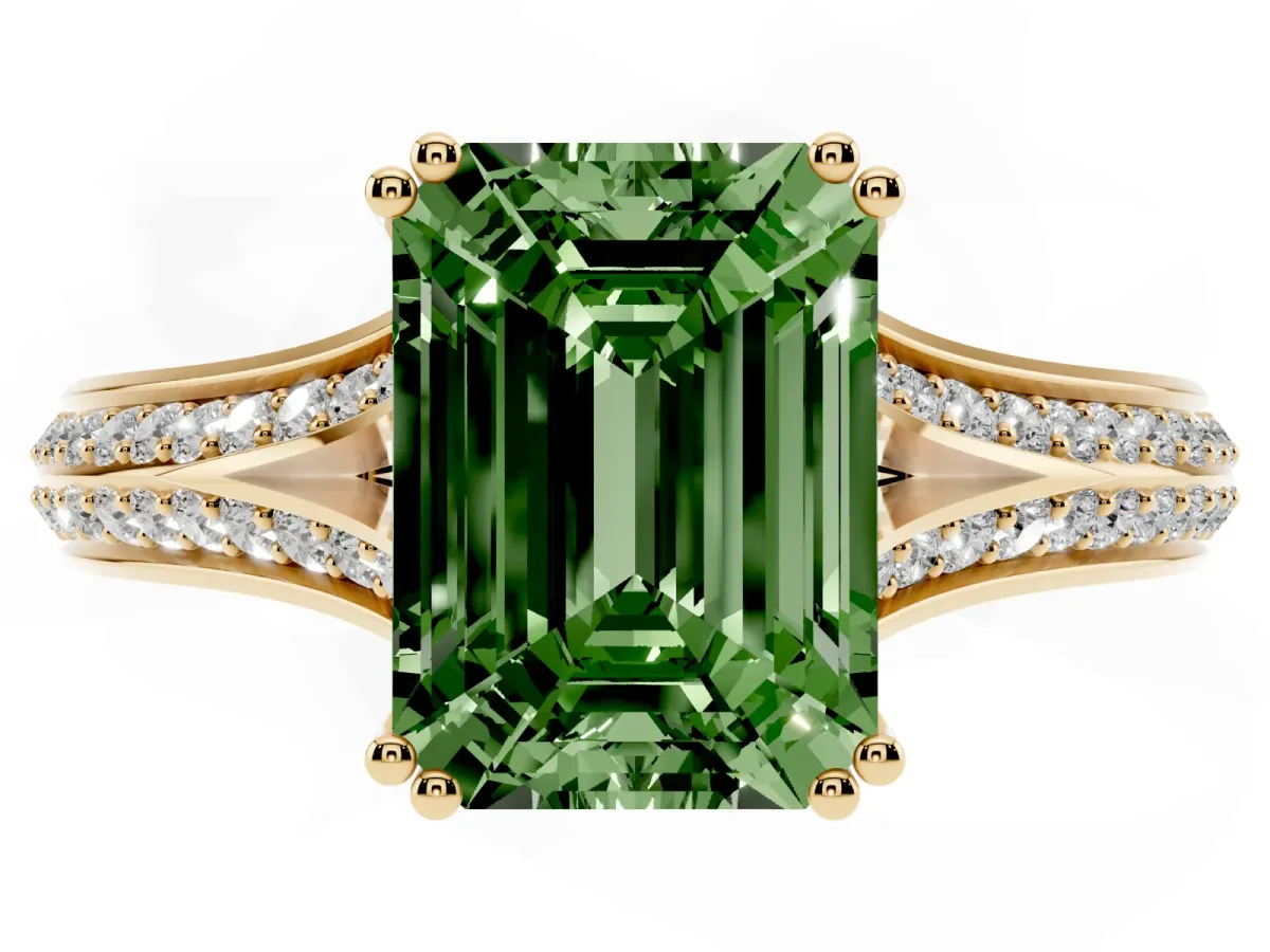 Fancy Green Emerald Cut Diamond Split Shank Engagement Ring with Pavé Band Yellow gold