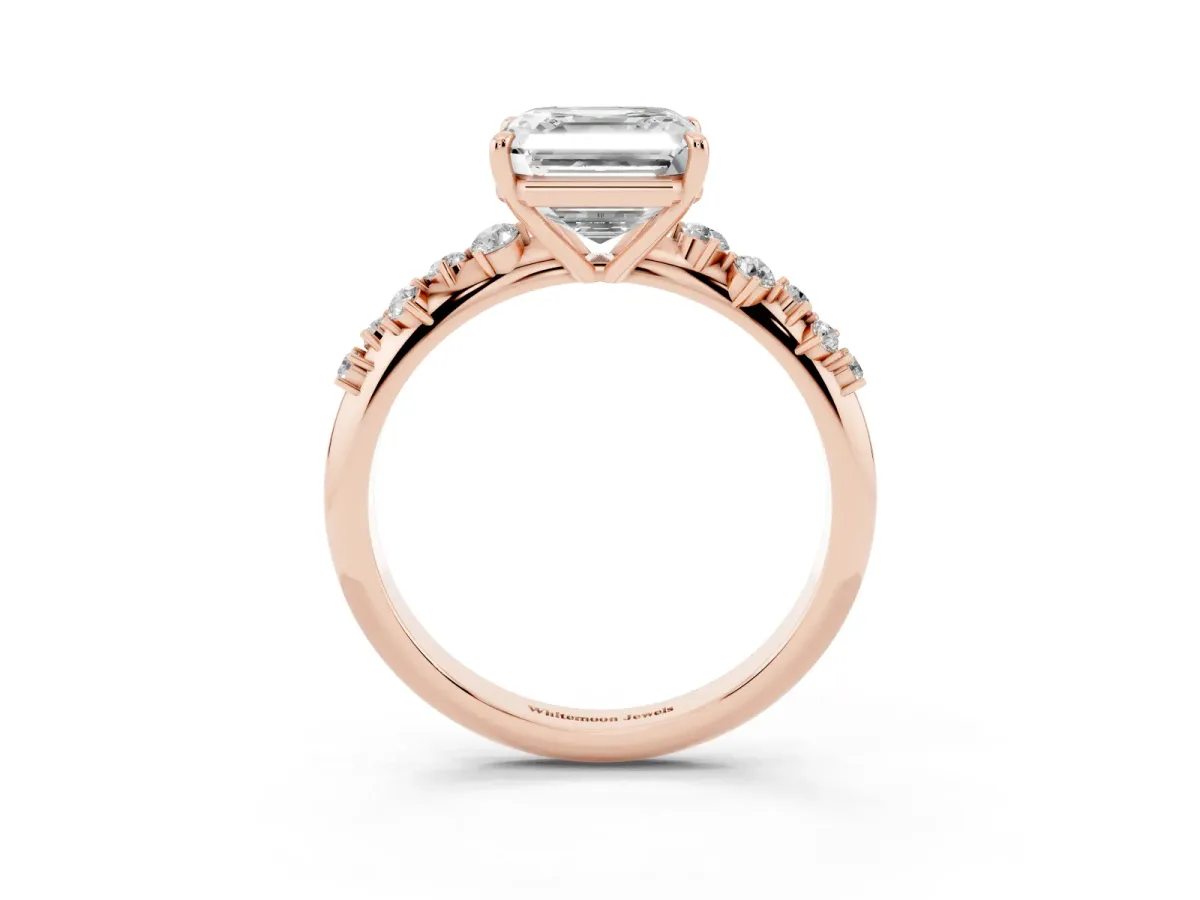 Asscher Cut Diamond Cluster Side Stone Solitaire Ring with Prong Setting Rose gold