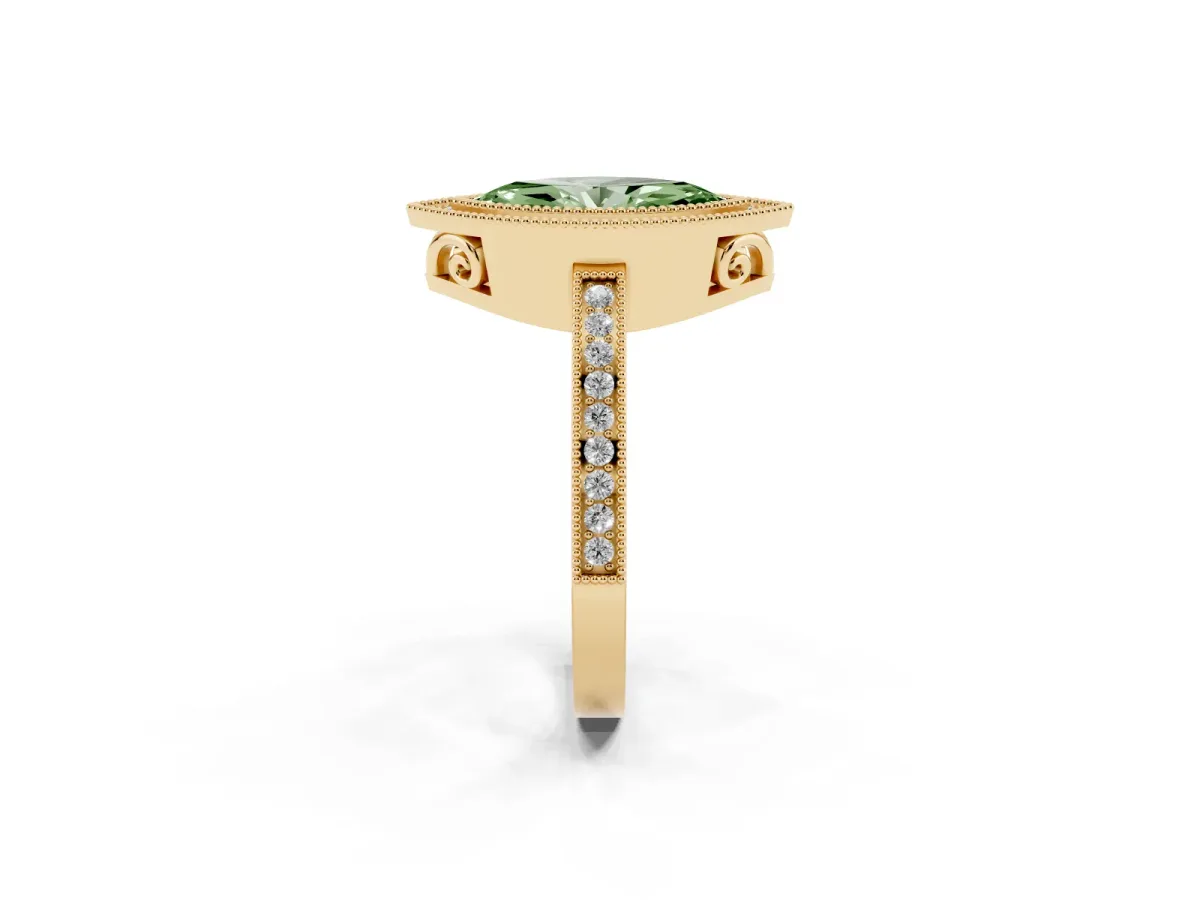 Fancy Green Marquise Cut Cut Halo Diamond Ring with Pavé Band and Milgrain Prong Setting Yellow gold