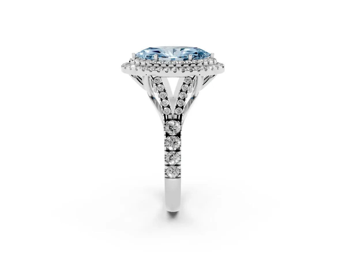 Fancy Blue Double Halo Marquise Cut Diamond Split Shank Engagement Ring with Four-Prong Setting Silver