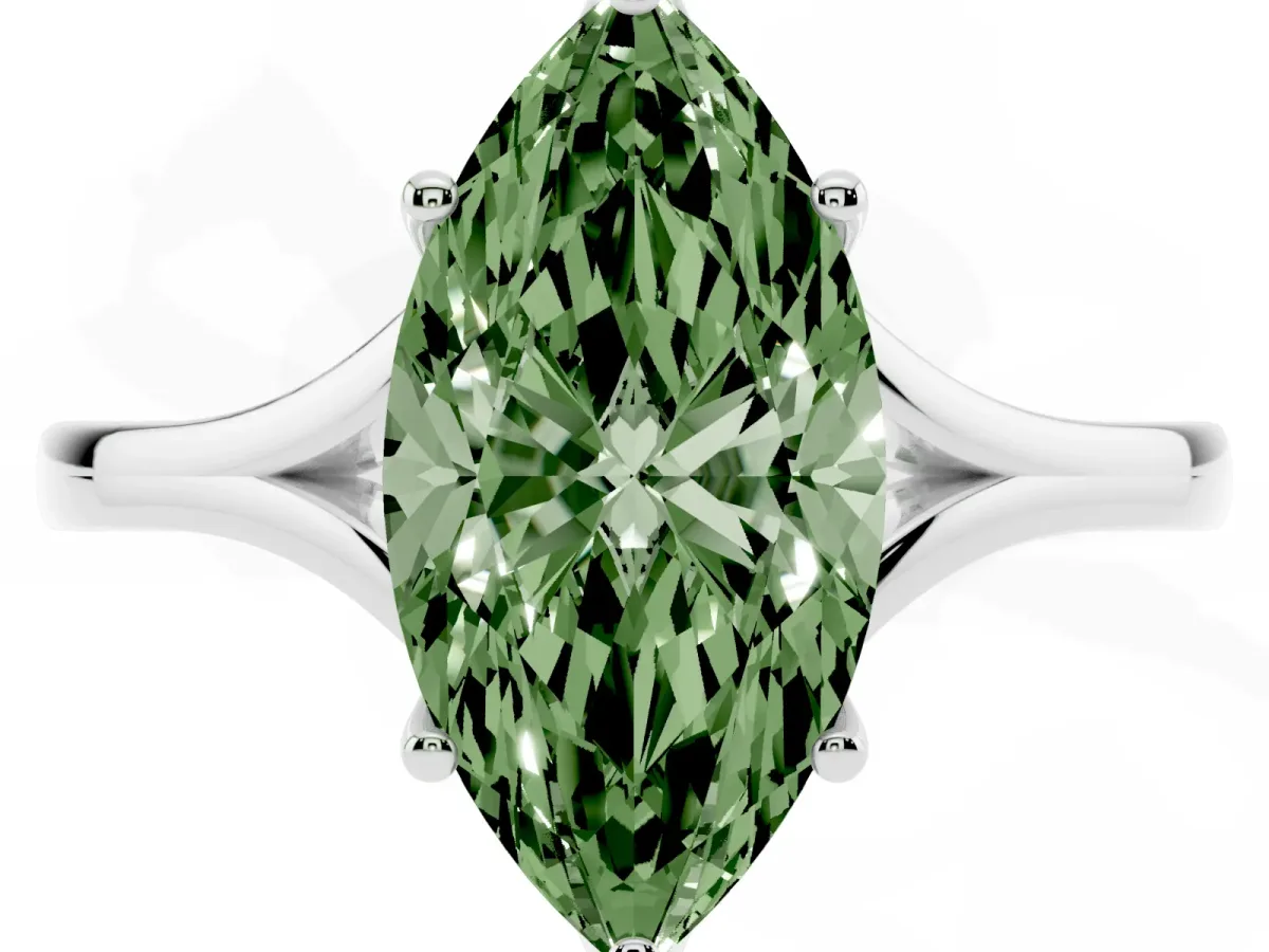 Fancy Green Marquise Cut Solitaire Diamond Ring with Six-Prong Setting and Tapered Band Silver