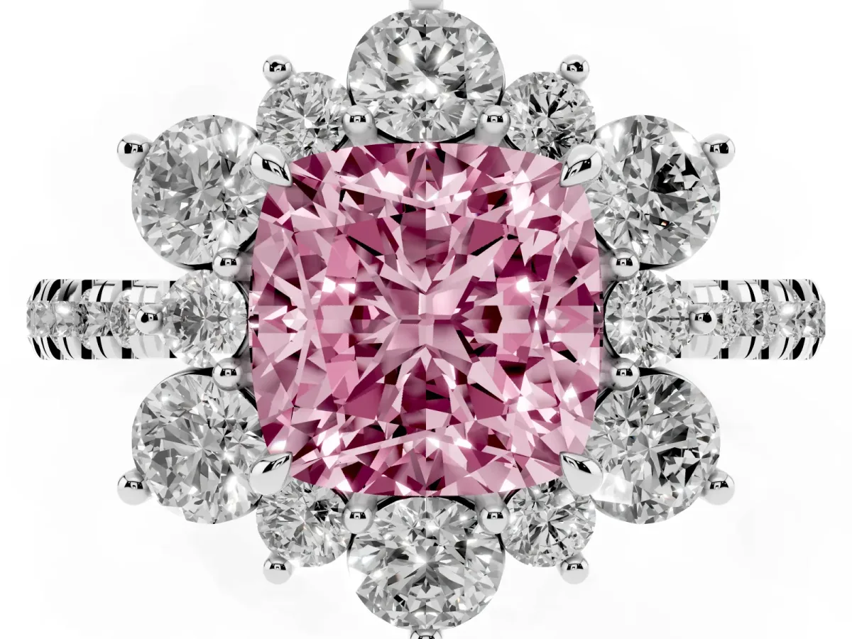 Fancy Pink Cushion Cut Diamond Floral Halo Ring with Round Pavé Band and Prong Setting Silver