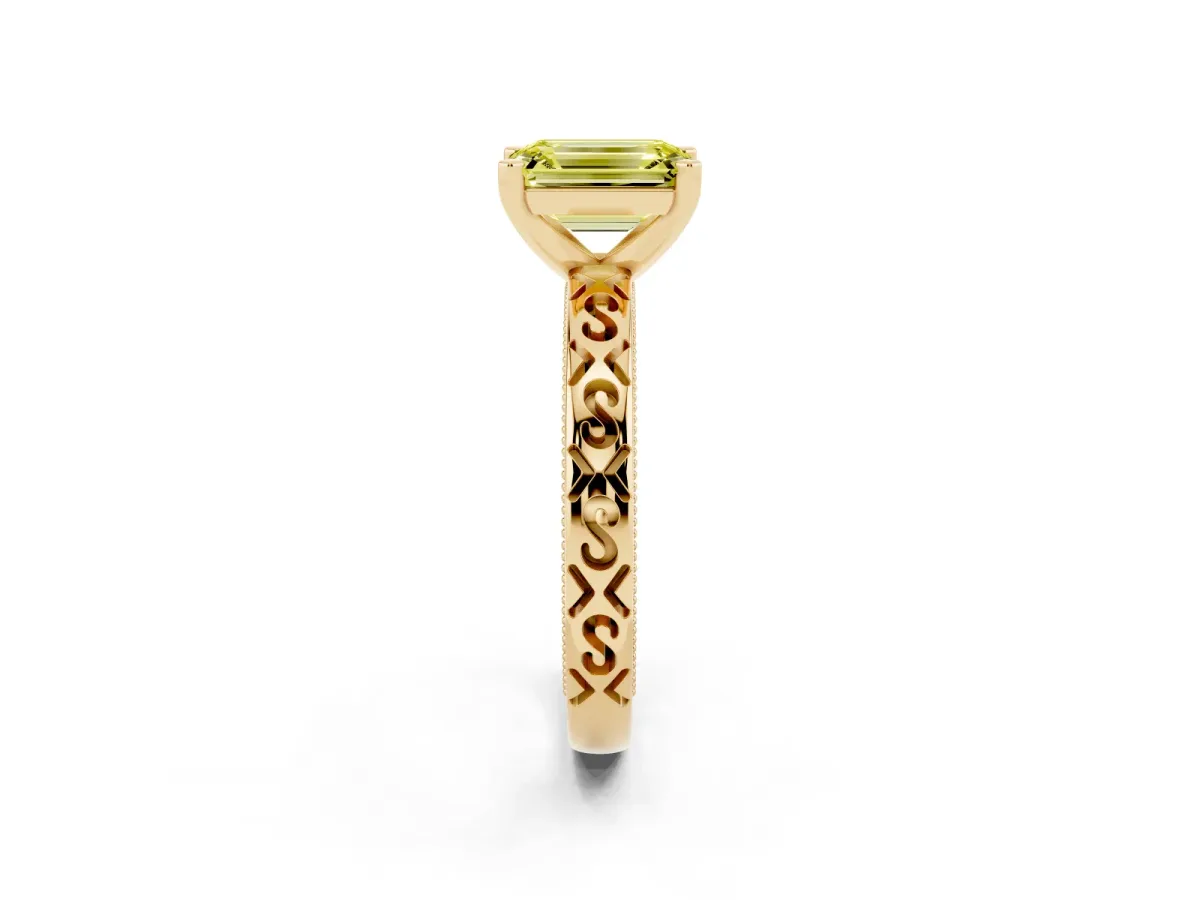 Fancy Yellow Emerald Cut Solitaire Engagement Ring with Scrollwork Band and Four-Prong Setting Yellow gold