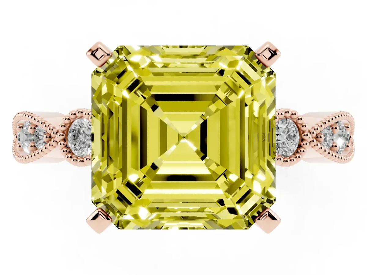 Fancy Yellow Asscher Cut Milgrain Bezel Diamond Engagement Ring with Solitaire Prong Setting Rose gold