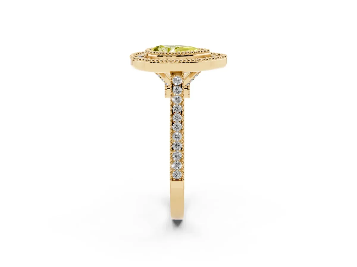 Fancy Yellow Pear Cut Diamond Halo Ring with Milgrain Frame and Pavé Band Yellow gold