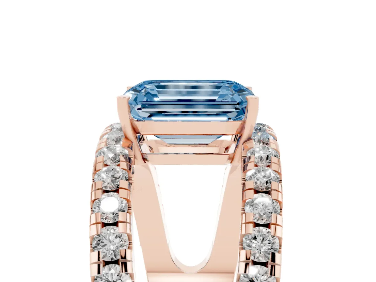 Fancy Blue Emerald Cut Solitaire Split Shank Pave Diamond Ring Rose gold