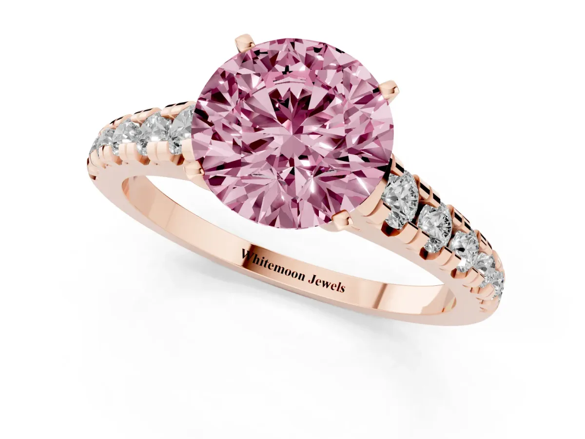 Fancy Pink Round Cut Diamond Cathedral Solitaire Ring with Round Pavé Band Rose gold