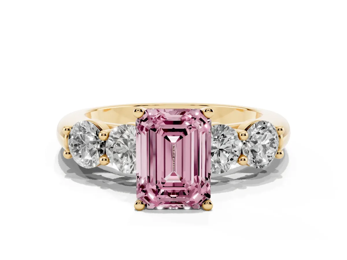 Fancy Pink Emerald Cut Cut Five-Stone Prong Set Diamond Ring with Classic Band Yellow gold