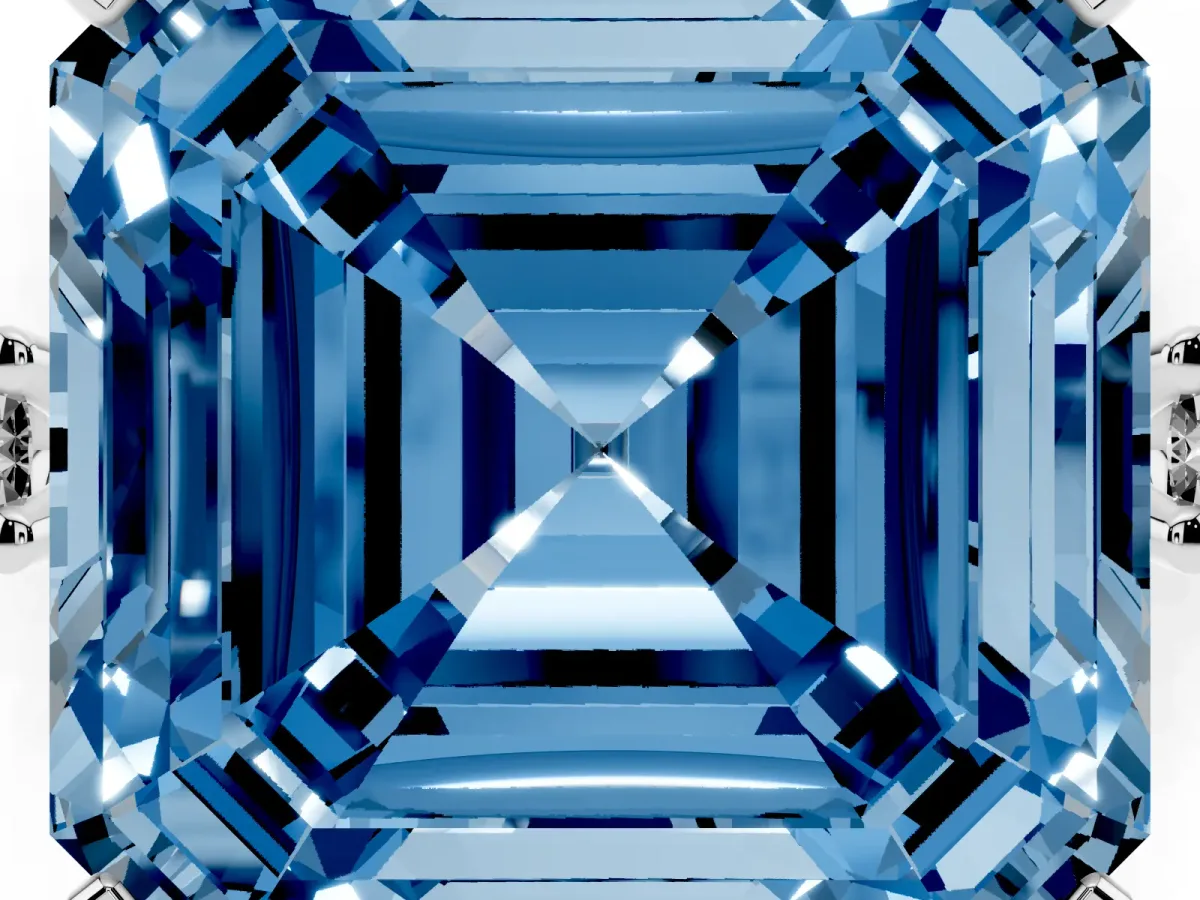 Fancy Blue Asscher Cut Cut Three-Stone Solitaire Ring with Round Accent Diamonds and Four-Prong Setting Silver