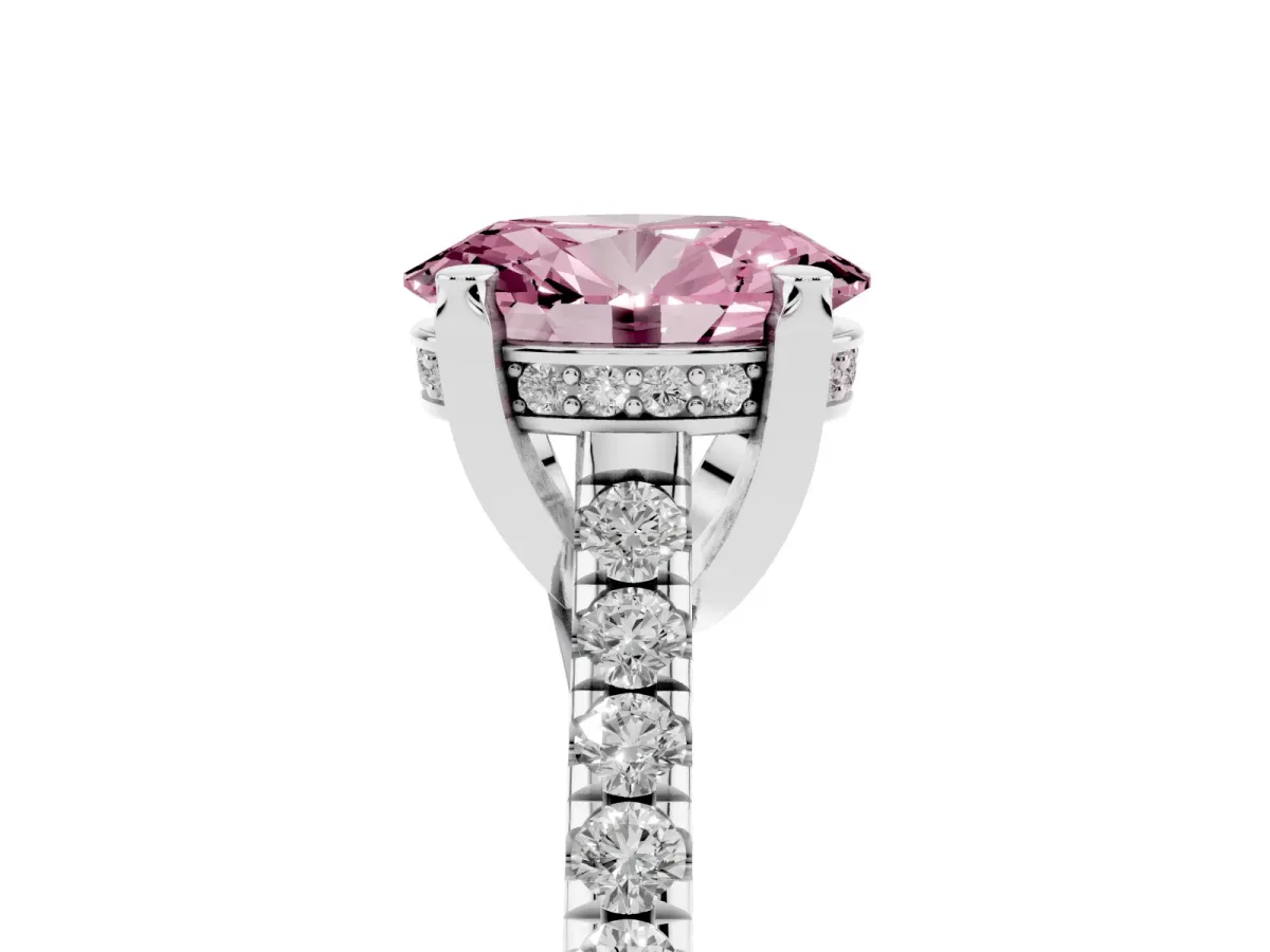 Fancy Pink Oval Cut Brilliant Diamond Solitaire with Pavé Band and Four-Prong Setting Silver