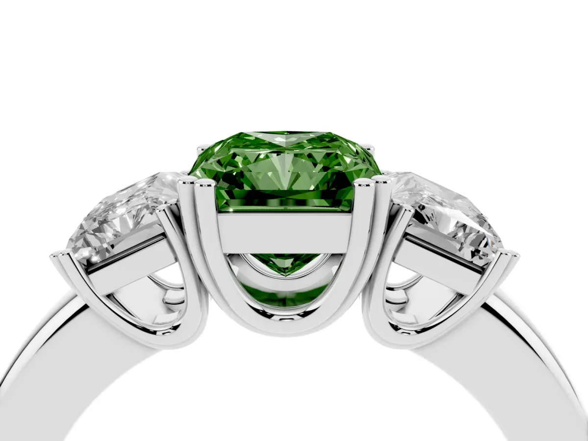 Fancy Green Three-Stone Radiant Cut Cut Diamond Ring with Channel Set Band and Four-Prong Setting White gold