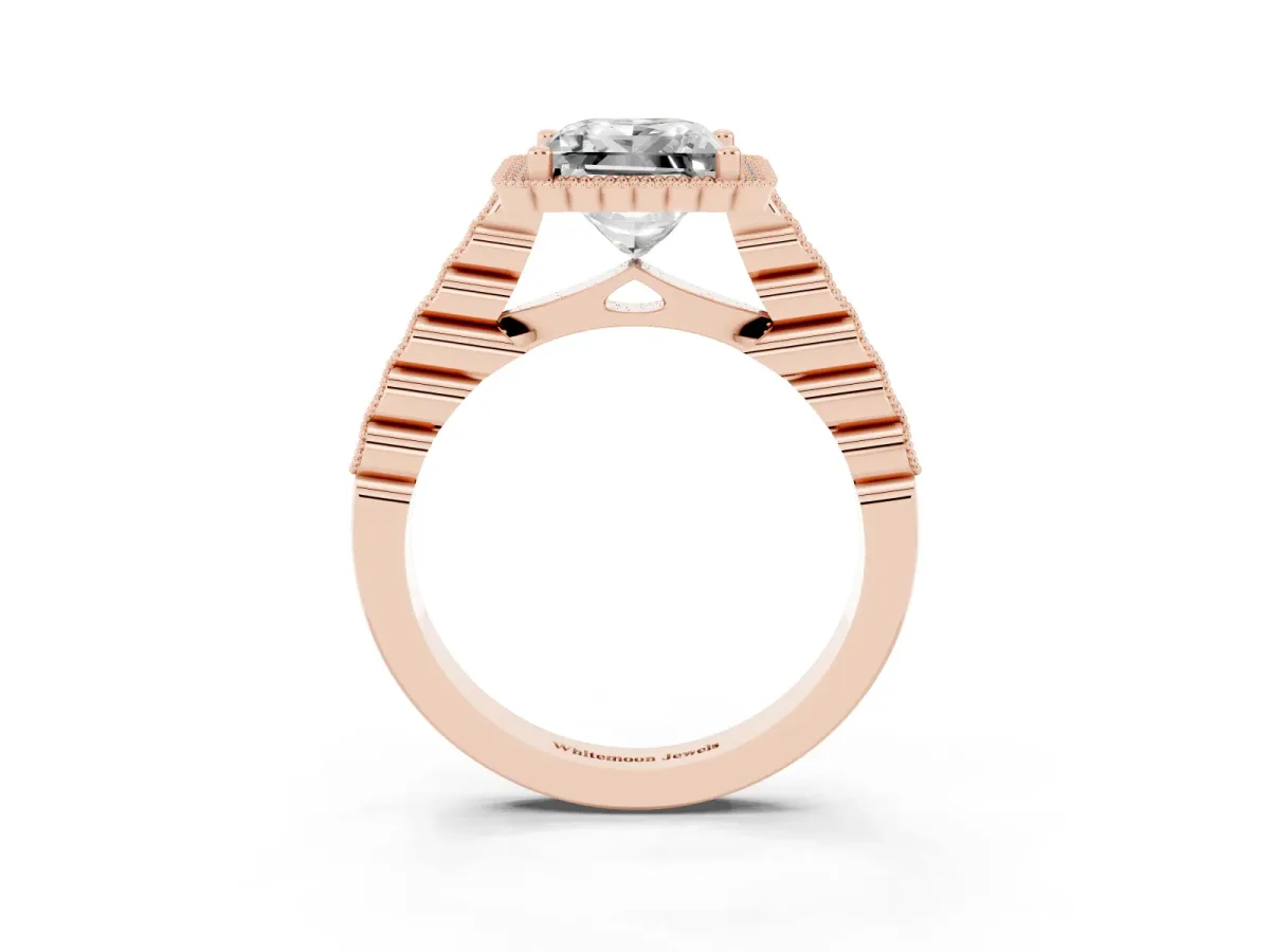 Princess Cut Cut Halo Pavé Solitaire Ring with Milgrain Band Rose gold