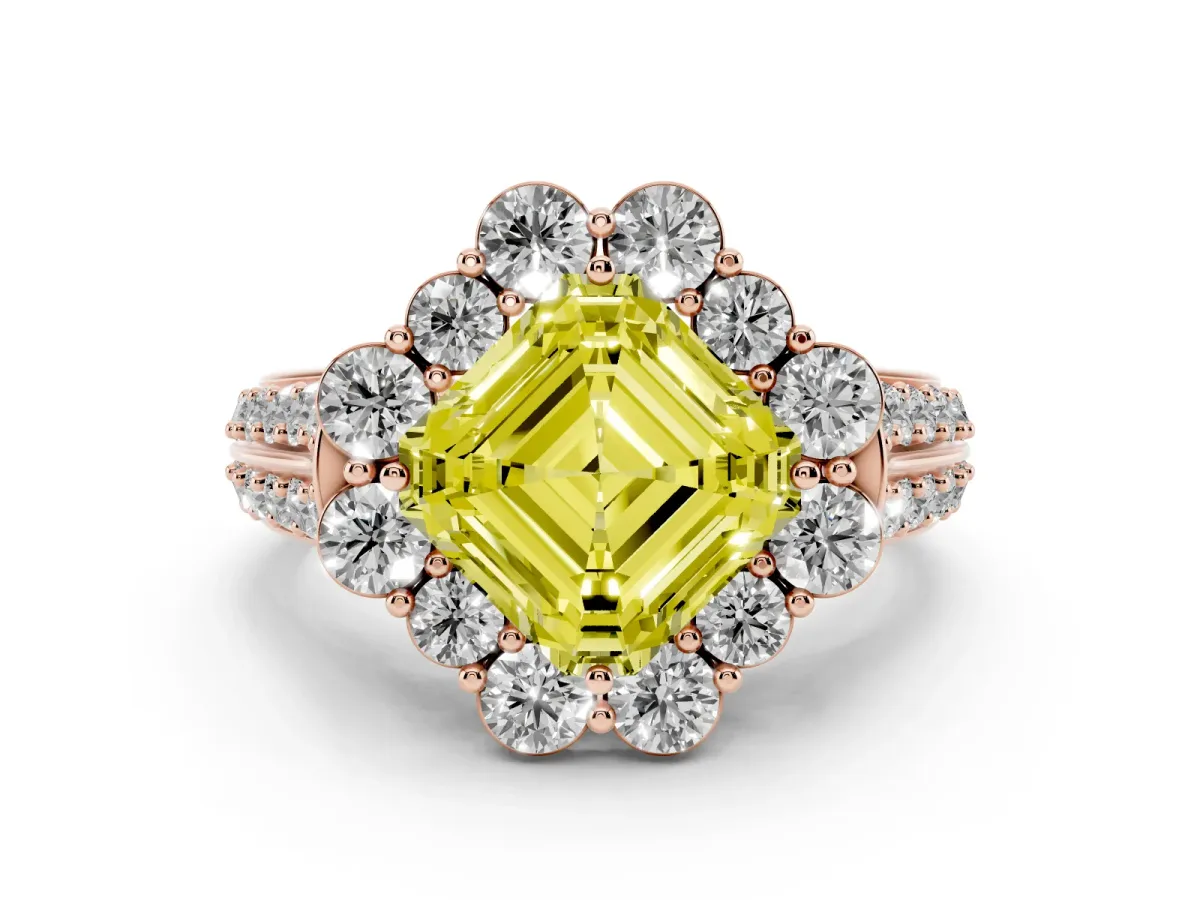 Fancy Yellow Asscher Cut Halo Diamond Engagement Ring with Split Shank and Prong Setting Rose gold