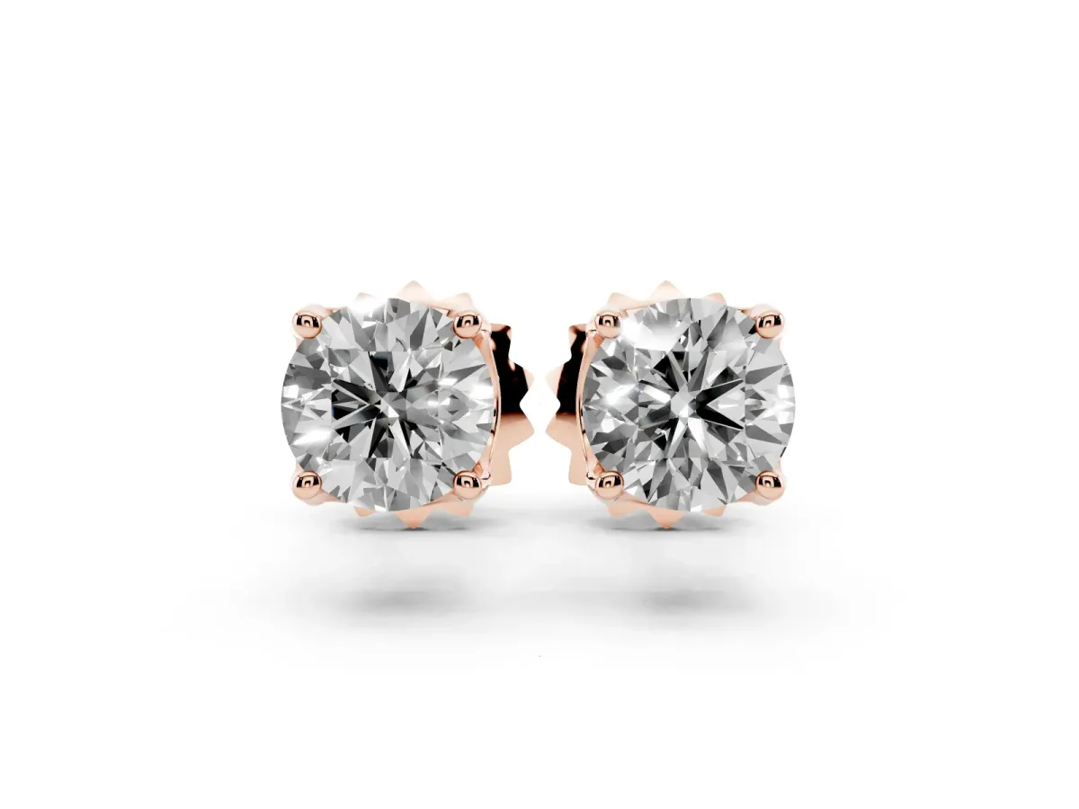 Round Solitaire Diamond Stud Earrings with Four-Prong Basket Setting Rose gold