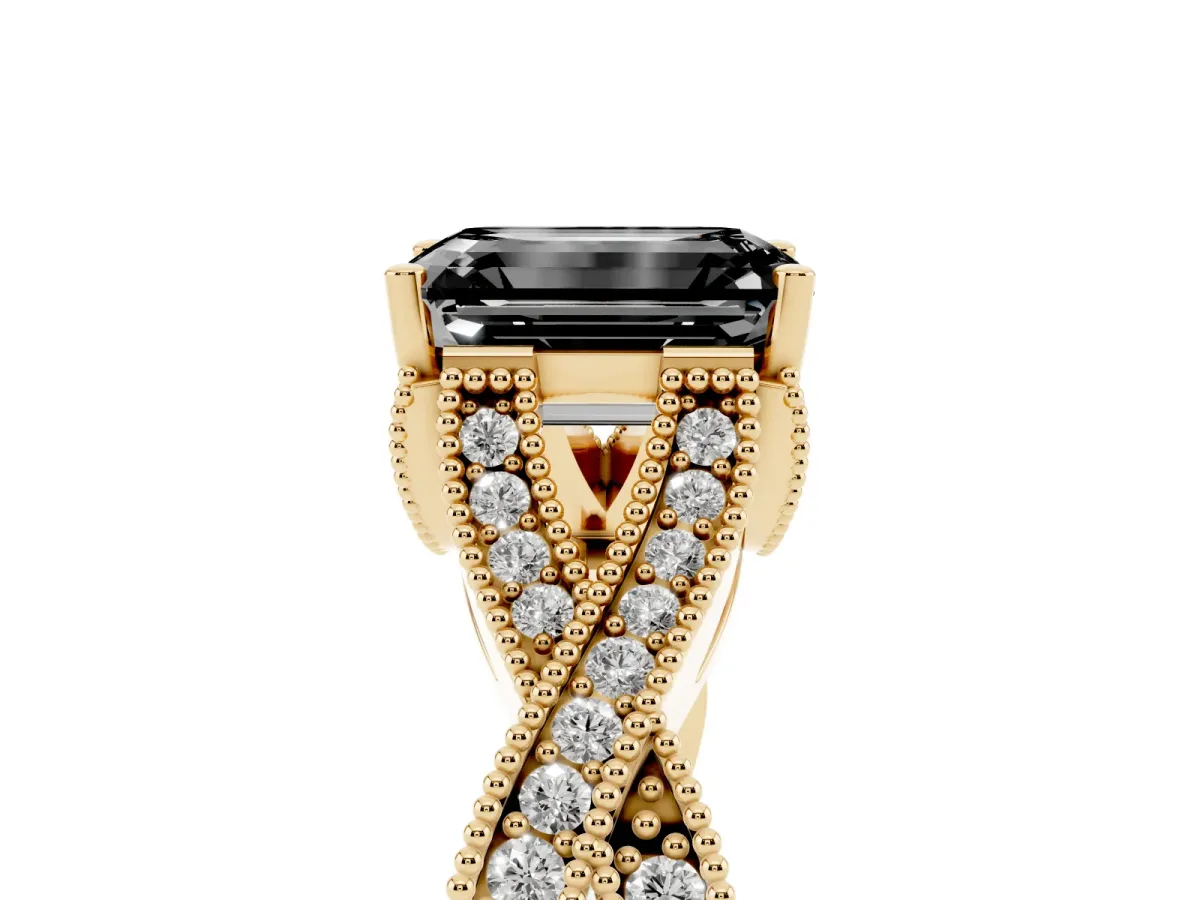 Fancy Black Emerald Cut Cut Diamond Twisted Band with Milgrain Pave Setting and Four-Prong Setting Yellow gold