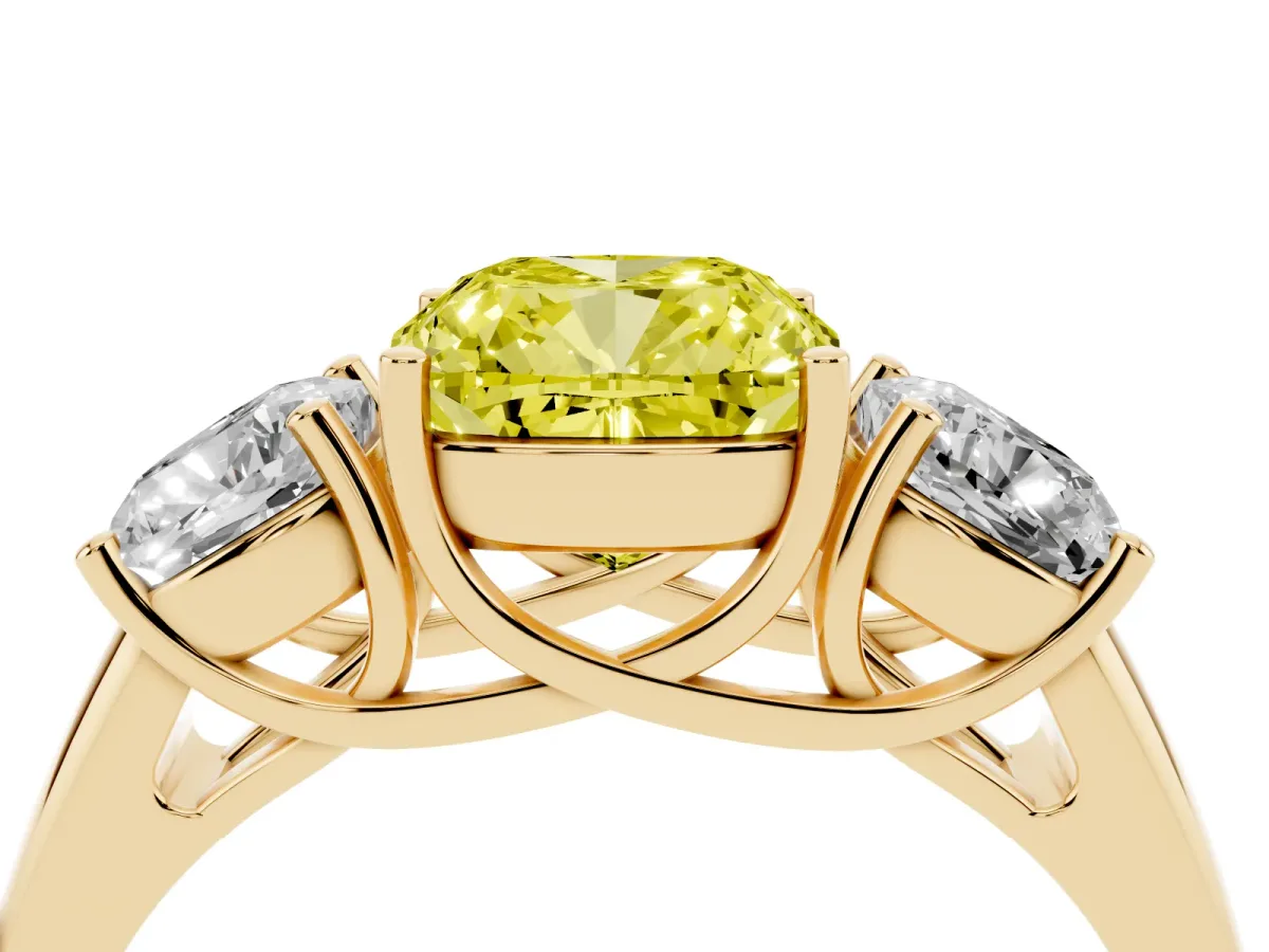 Fancy Yellow Three-Stone Cushion Cut Diamond Engagement Ring with Prong Setting Yellow gold