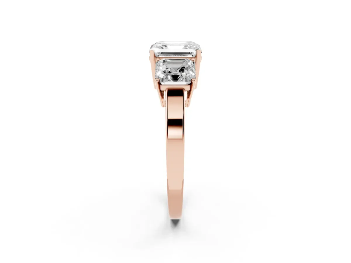 Three-Stone Asscher Cut Cut Diamond Engagement Ring with Flat Band and Four-Prong Setting Rose gold