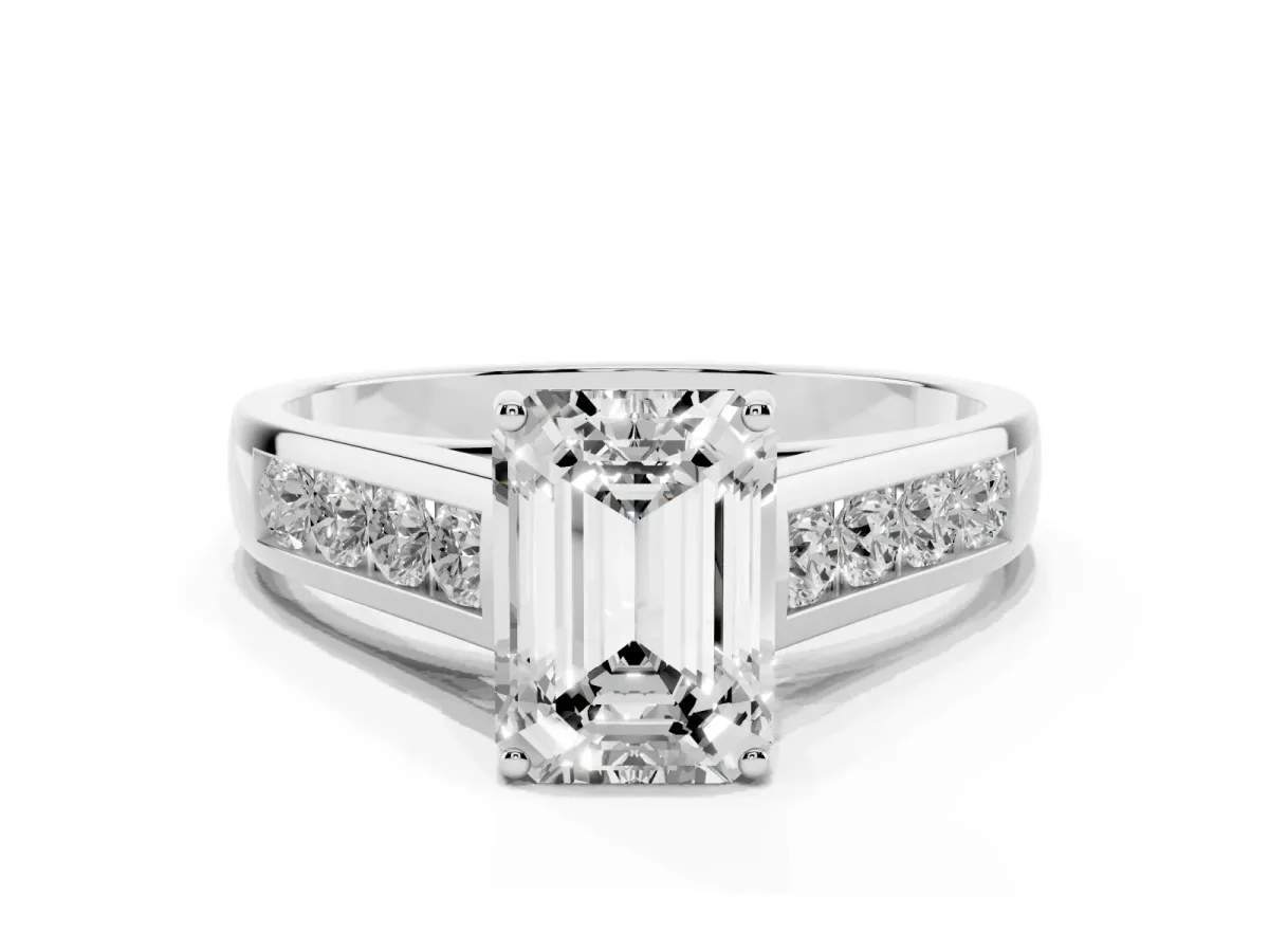 Emerald Cut Brilliant Channel-Set Solitaire Ring with Four-Prong Setting Platinum