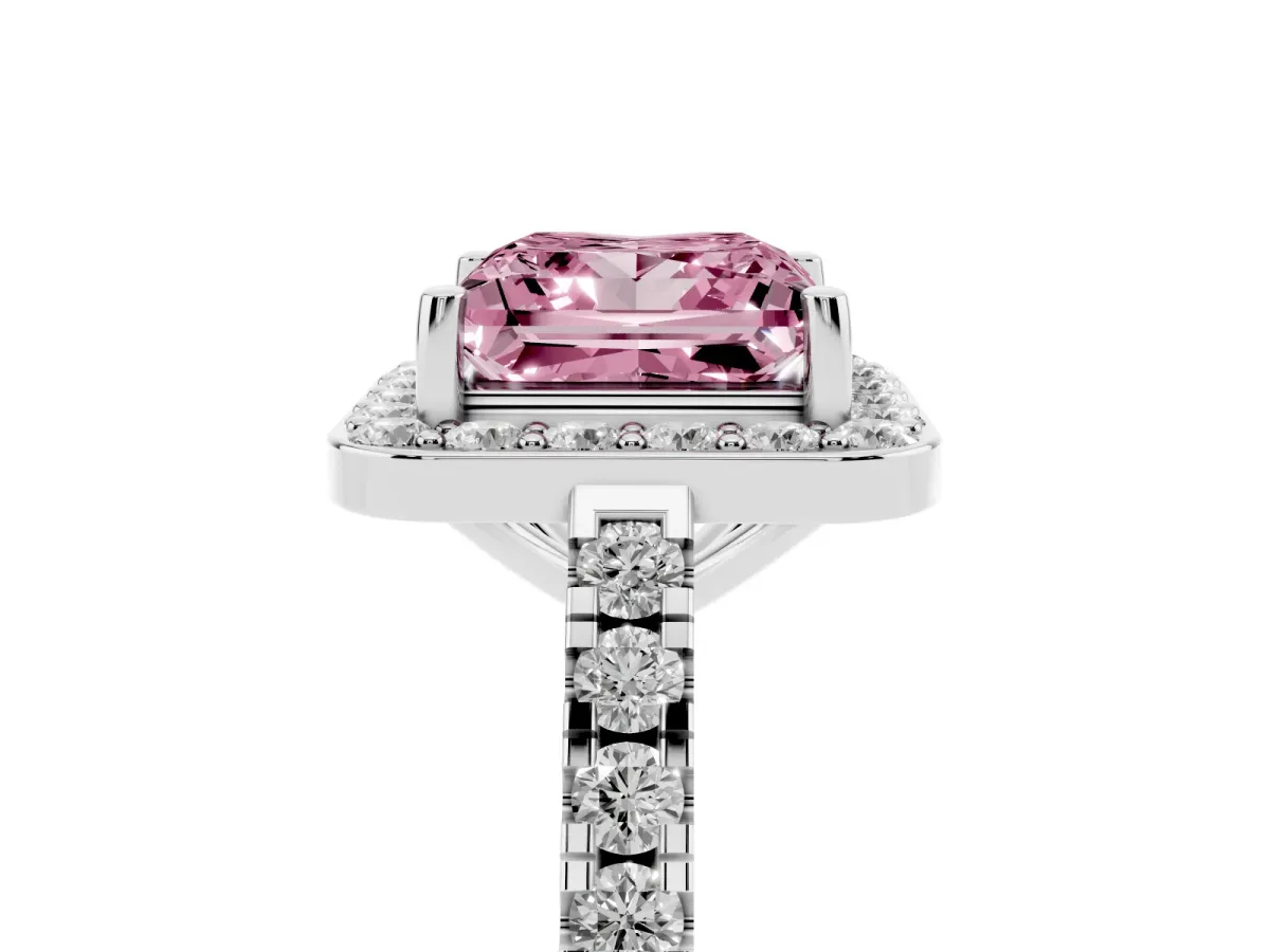 Fancy Pink Princess Cut Diamond Halo Ring with Round Pavé Split Shank and Prong Setting Silver