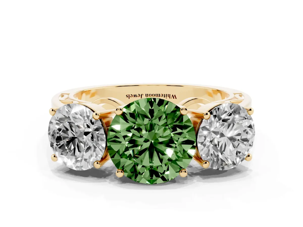 Fancy Green Round Cut Diamond Three-Stone Ring with Prong Setting and Textured Band Yellow gold