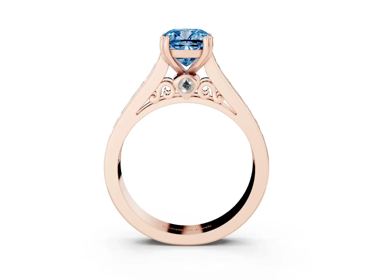 Fancy Blue Cushion Cut Cut Channel Set Solitaire Engagement Ring with Prong Setting Rose gold