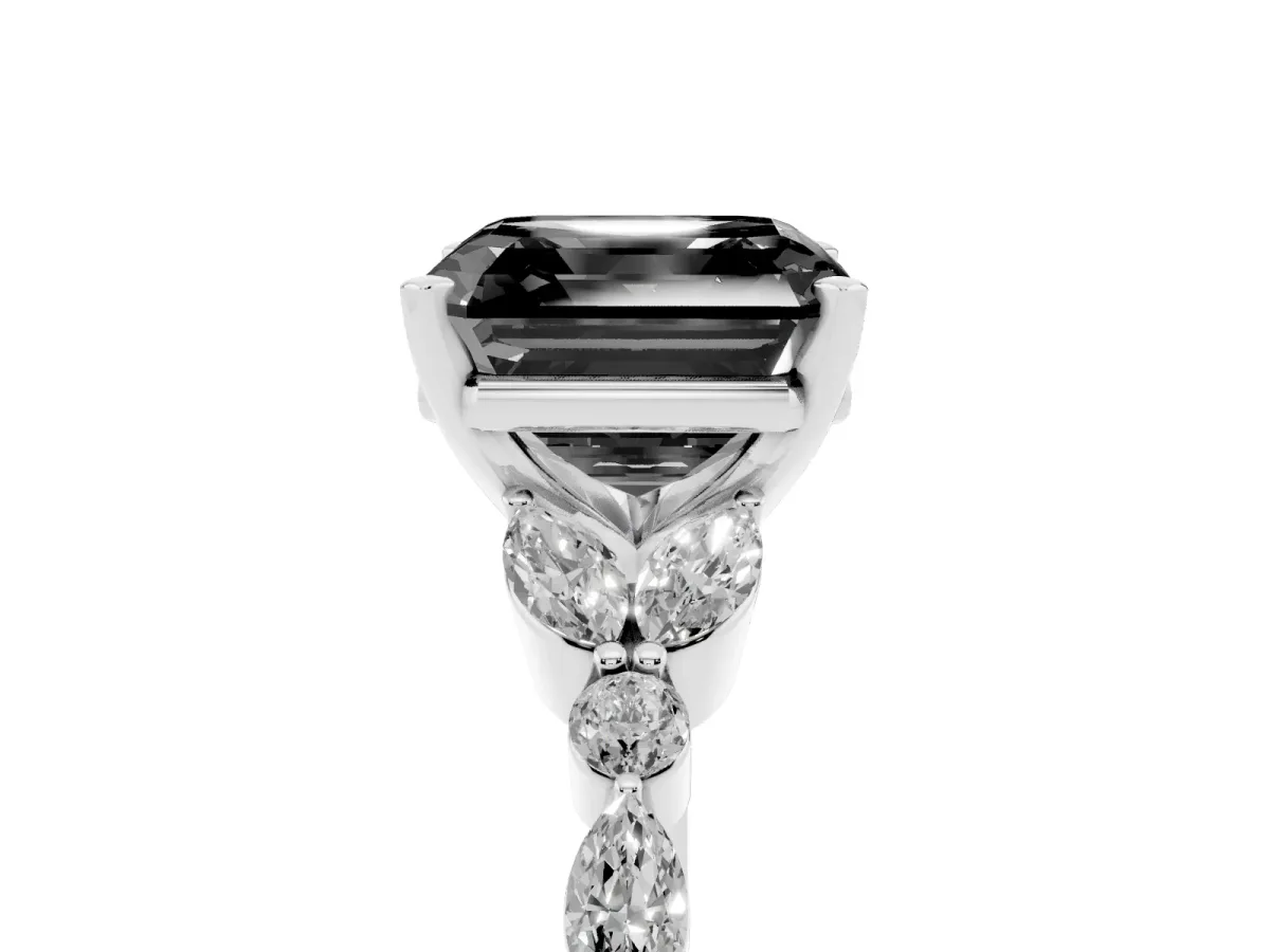 Fancy Black Asscher Cut Diamond Solitaire Ring with Side Stones and Four-Prong Setting White gold