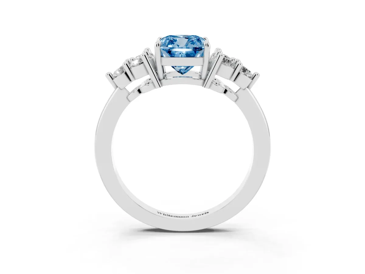 Fancy Blue Cushion Cut Brilliant Diamond Cluster Accent Solitaire Ring with Prong Setting Platinum