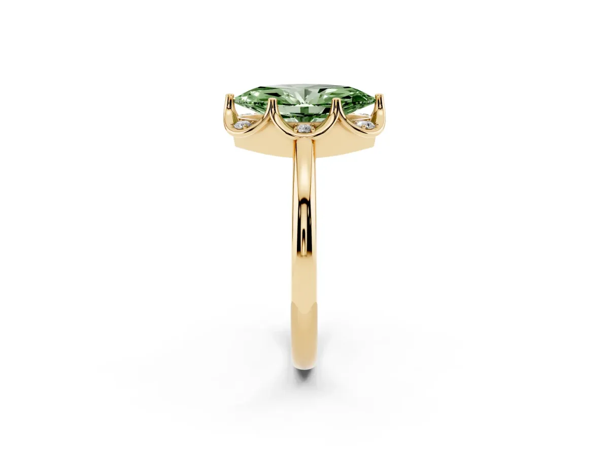Fancy Green Marquise Cut Halo Diamond Ring with Round Cluster Setting, Solitaire Band, and Four-Prong Setting Yellow gold