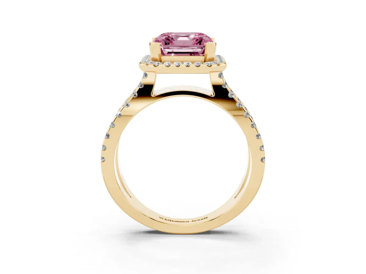 Fancy Pink Asscher Cut Diamond Halo Ring with Split Shank Pavé Band and Prong Setting Yellow gold