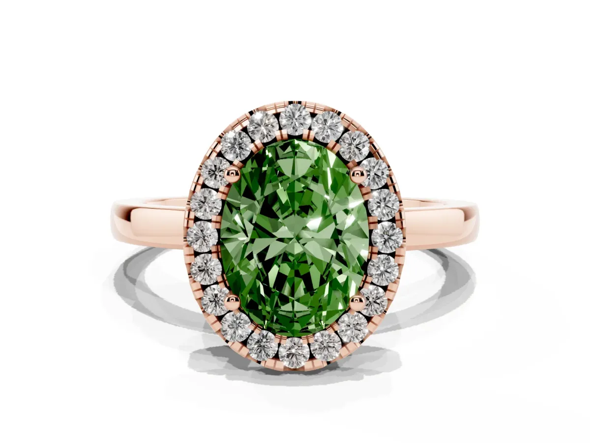 Fancy Green Oval Cut Halo Diamond Solitaire with Pavé Band and Four-Prong Setting Rose gold