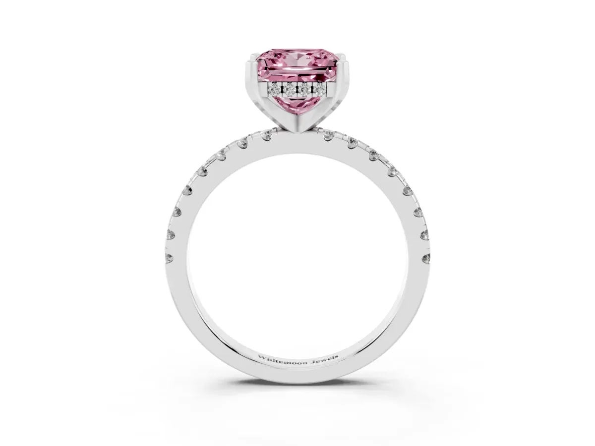 Fancy Pink Princess Cut Diamond Solitaire Ring with Round Pavé Band and Four-Prong Setting Silver