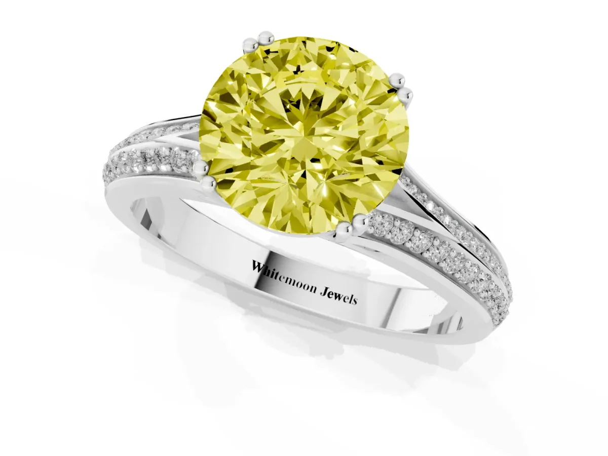 Fancy Yellow Round Cut Diamond Split Shank Engagement Ring with Pavé Band Silver
