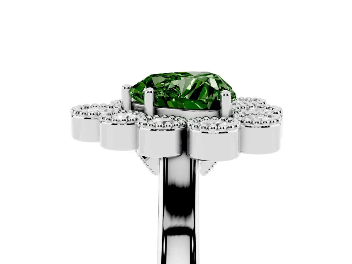 Fancy Green Heart Cut Halo Diamond Cluster Engagement Ring with Milgrain Bezel Setting and Solitaire Band White gold